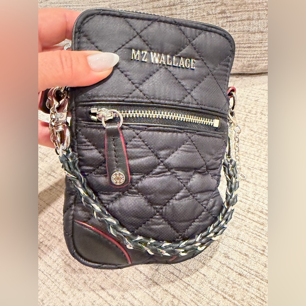 MZ WALLACE Black, Quilted Micro Crosby Crossbody Phone Bag with Silver Chain - Picture 7 of 16